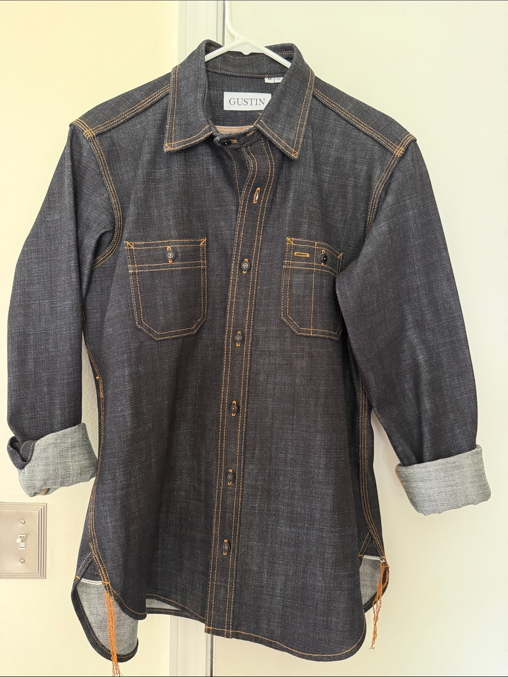 Gustin Dark Indigo Selvage Denim Work Shirt with Orange Stitching